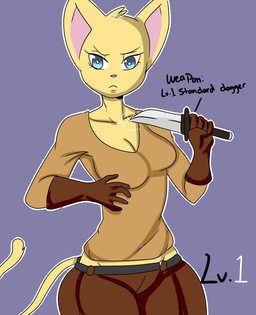 angry anthro belt blue_eyes bottomwear breasts cleavage clothed clothing dagger female fur gloves grey_background handwear holding_object holding_weapon looking_at_viewer melee_weapon pants shirt simple_background solo tail text thick_thighs topwear weapon wide_hips yellow_body yellow_fur aanthony_(artist) felid mammal english_text hi_res