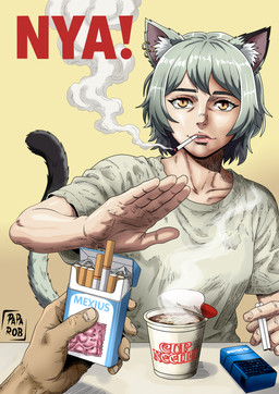 black_ear_tips black_tail_tip breasts cigarette cigarette_box cigarette_in_mouth cigarette_smoke clothing condom container dipstick_ears dipstick_tail duo ear_markings ear_piercing ear_ring eyelashes faceless_character faceless_human faceless_male female female_humanoid first_person_view food furniture glistening glistening_body glistening_skin green_clothing green_hair green_shirt green_topwear hair holding_cigarette holding_cigarette_box holding_condom holding_object holding_wrapped_condom human_pov inner_ear_fluff instant_noodles lips looking_at_viewer male male_human male_pov markings medium_breasts multicolored_ears noodles nya object_in_mouth oversized_clothing oversized_shirt oversized_topwear parody piercing poster pupils red_text refusing ring_piercing sexual_barrier_device shirt short_hair simple_background slit_pupils smoke smoking smoking_cigarette table tail tail_markings tan_body tan_skin text topwear tuft unused_condom wrapped_condom yellow_background yellow_eyes hi_jude viktor_ivanovich_govorkov chainsmoker_cat nyet! yaniko_satou animal_humanoid cat_humanoid felid felid_humanoid feline feline_humanoid human humanoid mammal mammal_humanoid 2026 absurd_res digital_drawing_(artwork) digital_media_(artwork) english_text hi_res watermark