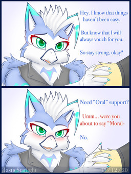 ambiguous_gender anthro asking_another beak blue_background blue_body blue_border blue_feathers blush border cheek_tuft claws color_coded_text dialogue dipstick_ears duo ear_markings ellipsis eyebrows facial_tuft feathered_wings feathers fur gradient_background green_body green_eyes green_feathers male markings multicolored_ears narrowed_eyes open_beak open_mouth open_smile raised_eyebrow simple_background smile suggestive_dialogue talking_to_another text tuft white_beak white_body white_feathers wings yellow_body yellow_fur tasticstarlight ali_(tasticstarlight) avian bird 2020 3:4 artist_name comic dated english_text hi_res meme