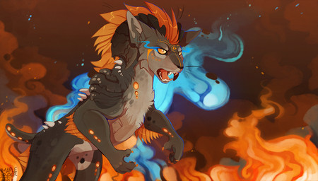 ambiguous_gender black_nose detailed_background feral hair no_sclera open_mouth orange_eyes orange_hair orange_tongue solo standing teeth tongue maplespyder felid mammal 2015 digital_media_(artwork)