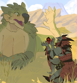 ambiguous_gender anthro armor big_breasts big_butt breasts butt cleavage clothed clothing duo extreme_size_difference female female/ambiguous female_anthro fully_clothed headgear helmet larger_anthro larger_female lying marriage_proposal non-mammal_breasts nude nude_anthro nude_female on_front rathalos_armor sharp_teeth size_difference smaller_ambiguous surprised teeth yolabayola1 capcom monster_hunter mythology dragon flying_wyvern mythological_creature mythological_scalie rath_wyvern rathian scalie absurd_res hi_res