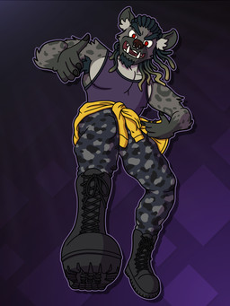 abs abstract_background anthro armpit_hair black_hair body_hair boots bottomwear camo camo_bottomwear camo_clothing camo_pants camo_print cargo_pants clothing clothing_around_waist dreadlocks eyebrow_piercing eyebrows facial_hair facial_piercing fangs footwear gesture goatee gradient_hair grey_body hair hand_gesture inner_ear_fluff jacket looking_at_viewer low-angle_view male markings nipples_visible_through_clothing nose_piercing nose_ring outline pants pattern_bottomwear pattern_clothing pattern_pants piercing pointing pointing_at_viewer purple_clothing purple_shirt purple_tank_top purple_topwear red_eyes ring_piercing shirt shirt_around_waist shoe_focus shoes solo spots tank_top teeth thick_eyebrows topwear tuft yellow_clothing yellow_jacket_(clothing) yellow_topwear archth hyena mammal 3:4 cel_shading hi_res shaded