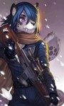 anthro black_nose blue_hair clothed clothing day dragunov fangs fingers fur gun hair holding_gun holding_object holding_ranged_weapon holding_weapon looking_forward male outside purple_eyes ranged_weapon snow snowing solo standing tail teeth weapon white_sclera umikit jsc_kalashnikov_concern felid feline mammal 2016 digital_media_(artwork) hi_res