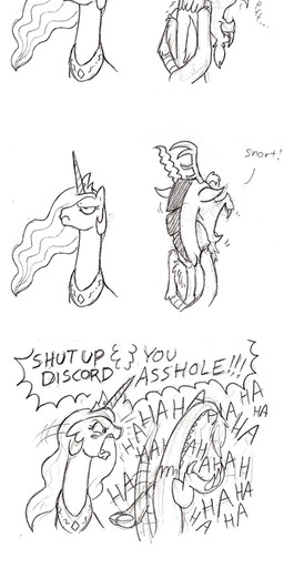 angry antlers feathered_wings feathers female feral hair horn laugh male membrane_(anatomy) membranous_wings princess profanity royalty sun wings mickeymonster friendship_is_magic hasbro my_little_pony mythology discord_(mlp) princess_celestia_(mlp) chimera draconequus equid equine mammal mythological_creature mythological_equine winged_unicorn absurd_res comic hi_res long_image monochrome tall_image