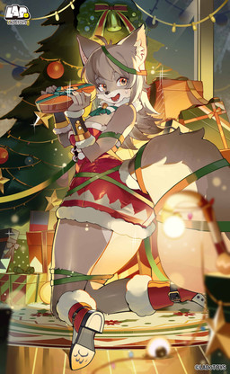 anthro biped bodily_fluids breasts butt caught_in_the_act christmas_clothing christmas_decorations christmas_lights christmas_present christmas_tree cleavage clothed clothing entangled female female_anthro fox_ears fox_tail gift holding_christmas_present holidays looking_at_viewer looking_back plant red_eyes solo sweat sweatdrop tree unknown_artist christmas ladotoys liya_alopex arctic_fox canid canine fox mammal true_fox 2025 absurd_res hi_res