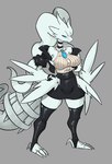 2024 anthro anthrofied big_breasts big_tail blue_eyes bottomwear bra_through_clothing breasts clawed_fingers claws clothed clothing collar digital_drawing_(artwork) digital_media_(artwork) dragon female fluffy fur generation_5_pokemon grey_background hair hand_on_hip hi_res jacket leather leather_clothing legendary_pokemon leggings legwear long_hair mythological_creature mythological_scalie mythology necktie nintendo office_clothing office_lady pokemon pokemon_(species) pokemorph reshi_(snoutless) reshiram scalie simple_background skirt smile smirk snoutless solo standing sweater tail thick_tail thick_thighs toe_claws topwear white_body white_fur white_hair