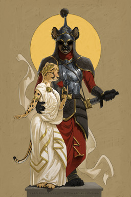 anthro armor aureola biped black_body black_fur brown_body brown_fur claws clothing cuirass digitigrade drawing_sword duo ear_piercing ear_ring facial_piercing female female_anthro femboy flower fur hand_around_back headgear helmet holding_flower holding_melee_weapon holding_object holding_rose holding_sword holding_weapon larger_female laurel_wreath male male_anthro markings melee_weapon nose_piercing nose_ring paws piercing plant red_clothing ring_piercing roman rose_(flower) size_difference smaller_male spots spotted_body spotted_fur sword tan_body tan_fur text toe_claws warrior weapon white_clothing tenzing cheetah felid feline hyena mammal spotted_hyena 2026 absurd_res digital_media_(artwork) hi_res translated