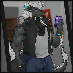 anthro blue_eyes dark_body dark_scales gold_(metal) gold_jewelry gold_ring hair jewelry looking_at_viewer male mirror mirror_selfie muscular scales selfie selfie_pose simple_background smile solo standing white_hair karadruz mythology karadruz_(character) dragon humanoid mythological_creature mythological_scalie scalie 1:1 hi_res