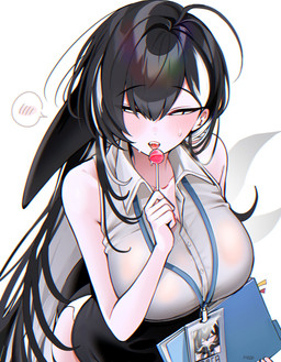 ahoge big_breasts black_hair blush bodily_fluids breasts candy dessert female folder food hair highlights_(coloring) huge_breasts humanoidized identification lanyard lollipop long_hair multicolored_hair office_clothing pupils simple_background solo sweat sweatdrop tail text white_highlights white_pupils wide_hips 7h4ze animal_humanoid aquatic aquatic_humanoid cetacean cetacean_humanoid dolphin humanoid mammal oceanic_dolphin orca orca_humanoid toothed_whale absurd_res hi_res signature