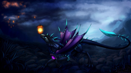 ambiguous_gender black_body black_scales blue_eyes blue_markings feral gem lamp lantern markings membrane_(anatomy) membranous_wings outside scales solo tail wings conditional_dnp oksara mythology arykhdragon dragon mythological_creature mythological_scalie scalie 16:9 hi_res widescreen