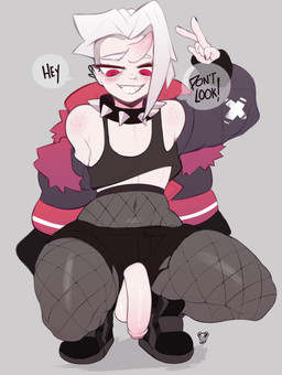 1_horn 6_fingers alternative_fashion balls bedroom_eyes blush bottomwear clothed clothing collar crop_top crouching curved_horn ear_piercing ear_ring femboy fingers fishnet_clothing fishnet_legwear flaccid foreskin genitals gesture grey_background hair half-closed_eyes half-shaved_head hand_gesture high_top_shoes horn hotpants humanoid_genitalia humanoid_penis jacket legwear male narrowed_eyes open_clothing open_jacket open_topwear penis piercing punk ring_piercing seductive sharp_teeth shirt shorts simple_background smile smirk smug smug_face smug_grin solo spiked_collar spikes teeth thick_thighs topwear undercut v_sign wardrobe_malfunction white_hair wide_hips conditional_dnp punkypanda asian_mythology east_asian_mythology japanese_mythology mythology demon humanoid oni yokai absurd_res hi_res