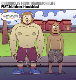 anthro brown_body brown_hair building clothed clothing cloud cloudy_sky cute_fangs day dialogue duo fangs fingers floppy_ears footwear front_view hair house looking_at_viewer male muscular name_in_dialogue navel nipples open_mouth open_smile outside pecs profanity sandals shirt shoes side_by_side sidewalk sky smile sneakers speech_bubble standing street tail tail_tuft teeth text topless topwear tuft yellow_body t0l0k tomodachi_life tomodachi_life:_living_the_dream roy_(t0l0k) scott_(t0l0k) canid canine canis domestic_dog felid lion mammal pantherine absurd_res comic digital_media_(artwork) english_text hi_res