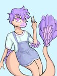 5_fingers anthro bent_arm biped blue_background blue_clothing blue_shirt blue_topwear clothing elbow_feathers eyebrows eyewear feathered_tail feathers femboy fingers gesture glasses hair hand_gesture knock-kneed long_tail looking_at_viewer male multicolored_body multicolored_scales overalls purple_body purple_eyebrows purple_eyes purple_feathers purple_hair purple_scales round_glasses scales shirt short_hair simple_background smile solo tail tan_body tan_scales topwear two_tone_body two_tone_scales v_sign unknown_artist goodbye_volcano_high sage_(gvh) dinosaur dromaeosaurid microraptor prehistoric_species reptile scalie theropod 3:4 colored hi_res trans_(lore) trans_man_(lore)