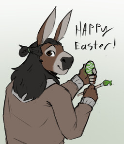 anthro black_hair brown_body brown_clothing brown_ears brown_eyes brown_topwear brush closed_smile clothed clothing easter_egg egg glistening glistening_eyes grey_body hair holding_brush holding_egg holding_object holidays long_hair looking_at_viewer looking_back looking_back_at_viewer male male_anthro mouth_closed rear_view simple_background slight_smile smile solo topwear jezzlen easter chuy_(jezzlen) asinus donkey equid equine mammal