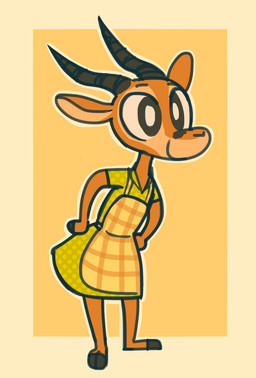 ambiguous_gender anthro apron barefoot border chibi clothed clothing crossdressing dress facial_markings feet head_markings horn markings orange_background outline simple_background solo standing yellow_border fuel_(artist) chico_(fuel) antelope bovid gazelle mammal 2020 male_(lore)