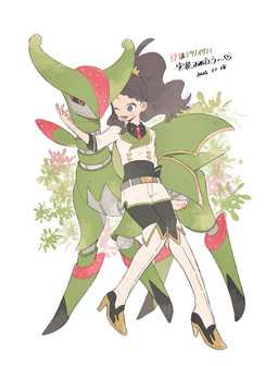 accessory ambiguous_gender black_sclera blue_eyes blush blush_lines boots brown_hair clothing duo eyelashes female feral floral_background flower footwear green_body hair high_heeled_boots high_heels necktie one_eye_closed open_mouth pink_eyes plant shoes text himetya105 nintendo pokemon future_pokemon generation_9_pokemon human iron_leaves mammal paradox_pokemon pokemon_(species) 2025 hi_res japanese_text translation_check translation_request