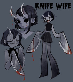 2_horns black_bottomwear black_clothing black_eyes black_hair black_shirt black_skirt black_topwear blade_arm blade_horn blood blood_drip blood_on_hand blush bob_cut bodily_fluids bottomwear clothing dripping fangs female grey_background grey_body hair horn knife melee_weapon monster_girl_(genre) multiple_angles open_mouth sharp_horn sharp_teeth shirt short_hair simple_background skirt sleeveless_shirt sleeves_past_wrists smile solo teeth topwear weapon weapon_arm feefal animate_inanimate humanoid knife_humanoid living_knife living_melee_weapon living_weapon object_humanoid hi_res