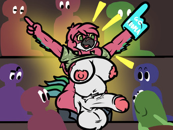 anthro balls beak being_watched big_balls big_breasts big_penis bottomwear bottomwear_down breasts clothed clothing clothing_lift crowd crowd_scene erection exhibitionism facial_scar flashing flashing_breasts flashing_penis foam_finger genitals green_eyes group gynomorph hair huge_balls huge_penis intersex looking_at_another mature_gynomorph mature_intersex nipples pants pants_down partially_clothed penis public public_erection public_exposure raised_clothing raised_shirt raised_topwear red_body scar shirt shirt_lift slightly_chubby solo topwear white_body yellow_sclera frooby acacia_stormwood_(frooby) avian bird parrot 4:3 digital_media_(artwork)