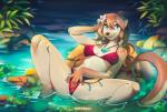 4_toes 5_fingers anthro barefoot bikini blue_eyes breasts clothing eyebrows eyelashes feet female fingers hand_on_crotch looking_at_viewer nipple_outline partially_submerged reclining smile solo spread_legs spreading swimwear toes two-piece_swimsuit hihikori mammal mustelid otter 2019 digital_media_(artwork)