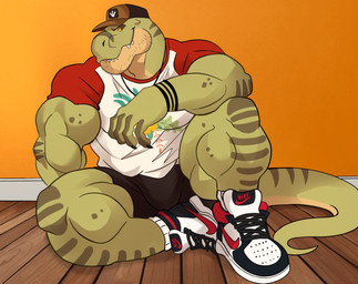 anthro biceps big_muscles bottomwear bulge calf_muscles clothing countershade_face countershading footwear green_body hat headgear headwear logo looking_at_viewer male muscular muscular_anthro muscular_male muscular_thighs nike_logo print_clothing print_shirt print_t-shirt print_topwear shirt shoes shorts sitting sitting_on_ground sneakers solo stubble t-shirt tail topwear darknaigart nike jace_(darknaig) dinosaur prehistoric_species reptile saurischian scalie theropod tyrannosaurid tyrannosauroid tyrannosaurus tyrannosaurus_rex 2025 hi_res