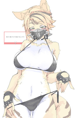 anthro big_breasts bikini black_bikini black_clothing black_swimwear blonde_hair blush breasts butt butt_from_the_front choker clothing eyebrow_through_hair eyebrows eyelashes female fingerless_gloves fur gloves green_eyes hair handwear inner_ear_fluff jewelry mask neck_tuft necklace solo swimwear translucent translucent_hair tuft two-piece_swimsuit white_body white_fur yellow_body yellow_fur mocaht8 mihoyo zenless_zone_zero pulchra_fellini felid feline felis mammal thiren 2025 absurd_res hi_res