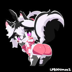 anthro black_background black_body black_fur black_hair blush bottomwear butt cat_smile clothed clothing dolphin_shorts female fluffy fluffy_tail fur hair hoodie looking_at_viewer multicolored_body multicolored_fur multicolored_hair paws pink_clothing pink_paws purple_eyes rear_view shaking_butt short shorts simple_background smile solo tail topwear white_body white_fur white_hair lp8000mao karin_(karin_skunk) mammal mephitid skunk 1:1 animated loop no_sound short_playtime video