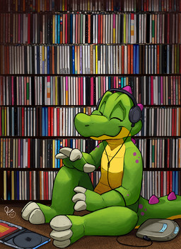 anthro cd_player closed_smile electronics eyes_closed green_body green_tail headphones logo male markings mouth_closed nude sitting smile solo spots spotted_arms spotted_markings spotted_tail tail tail_markings yellow_body yellow_tail young young_anthro young_male pandapaco crocodile crocodilian reptile scalie artist_logo hi_res signature