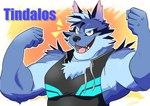 anthro biceps blue_body blue_fur blush flexing fur male muscular muscular_anthro muscular_male sleeveless_hoodie solo text nolly_(artist) lifewonders tokyo_afterschool_summoners tindalos_(tas) canid canine canis mammal wolf english_text