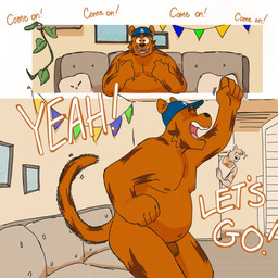 anthro apron barazoku baseball_cap black_nose butt casual_nudity cheering clothed clothed/nude clothing dialogue duo foreskin fur furgonomic_headwear furgonomics furniture fuzzy fuzzy_tail genitals hat hat_only headgear headgear_only headwear headwear_only inside male mostly_nude nipples nude open_mouth orange_body orange_fur penis raised_arm sitting slightly_chubby smile sofa solo_focus standing tail teeth text unretracted_foreskin watching_television whisker_spots white_body white_fur p_rindustries osmond_(p_rindustries) wilt_(p_rindustries) domestic_cat felid feline felis mammal 1:1 comic english_text hi_res signature