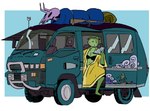 anthro bathrobe blush bodily_fluids bone bra breasts car chair clothing eyes_closed female furniture gun hand_fan inside_car inside_vehicle medium_truck navel open_mouth ranged_weapon recreational_vehicle rifle robe skull sleeping_bag sliding_door solo sweat truck_(vehicle) underwear van vehicle weapon sonnytherat mitsubishi amphibian frog hi_res