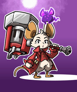 3_toes 4_fingers ambiguous_gender anthro beady_eyes bent_arm big_ears black_eyes black_nose bottomless bottomless_anthro bottomless_female brown_inner_ear brown_tail button_(fastener) cheek_tuft clothed clothed_anthro clothed_female clothing eyelashes facial_tuft featureless_arms feet female female_anthro fingers fist flat_chested fur hair hammer holding_hammer holding_object holding_tool holding_warhammer holding_weapon larger_anthro larger_female left-handed legless light long_tail looking_at_viewer multicolored_body noseless notched_ear open_mouth open_trenchcoat outline pink_mouth pockets pupils purple_background purple_eyes purple_hair purple_line_art purple_mouth purple_wings red_clothing red_shirt red_topwear red_trenchcoat shirt short_arms short_hair simple_background size_difference small_nose smaller_ambiguous solo straight_arm tail tan_body tan_fur tan_hair toes tools topwear tuft two_tone_body vial warhammer warhammer_(weapon) weapon white_outline white_pupils wings charisuke mina_the_hollower yacht_club_games keri_the_wisp mina_(mina_the_hollower) ghost mammal mouse murid murine rodent spirit wisp_(mina_the_hollower) 2026 cel_shading colored colored_line_art digital_drawing_(artwork) digital_media_(artwork) english_description hi_res japanese_description lighting shaded