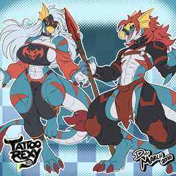 abs anthro anthrofied armor bottomwear breasts bulge clothing deltoids duo female hair loincloth male mask melee_weapon o-ring pecs polearm quads red_hair scales spear text unconvincing_armor weapon white_hair tattoorexy bandai_namco digimon digimon_(species) scalie seadramon 2026 english_text