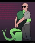 absurd_res anthro bald baryonyx blep cavemanon_studios clothed clothing dinosaur duo english_text eyewear featureless_face female freckled_face freckles glasses gradient_background green_body green_hair hair heart_symbol hi_res hug human i_wani_hug_that_gator inco_(iwhtg) male mammal medium_hair motion_lines olivia_halford panties pantsless prehistoric_species reptile scalie simple_background size_difference spinosaurid tail tail_motion tailwag text theropod tongue tongue_out underwear zytkal