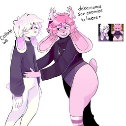 4_fingers anthro antlers before_and_after black_clothing black_eyes black_hoodie black_nose black_topwear blush blush_lines circle_eyebrows clothed clothed_anthro clothed_male clothing dialogue duo eye_contact eyebrow_through_hair eyebrows fingers floppy_ears fur grey_clothing grey_leotard grey_sweater grey_topwear hair hand_on_belly hoodie horn leggings legwear leotard light long_ears looking_at_another lop_ears male pattern_clothing pattern_leggings pattern_legwear pink_antlers pink_body pink_fur pink_hair pink_inner_ear pink_tail purple_inner_ear short_hair simple_background smile smiling_at_another standing striped_clothing striped_leggings striped_legwear stripes sweater tail text thick_thighs thin_eyebrows topwear translucent translucent_hair unimpressed whiskers white_background white_body white_clothing white_eyebrows white_fur white_hair white_leggings white_legwear white_tail year wolflly10 fzst jackalope lagomorph leporid mammal rabbit 1:1 2024 absurd_res artist_name colored dated english_text hi_res lighting reference_image shaded spanish_description spanish_text translation_request