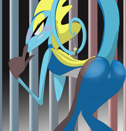 anthro blush butt female holding_object key looking_at_object nude prison solo crocodyke nintendo pokemon generation_8_pokemon inteleon pokemon_(species)