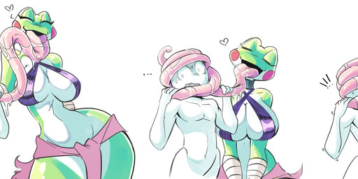 ambiguous_gender anthro big_breasts blush bodily_fluids breasts clothed clothing countershading duo exclamation_point eyes_closed female female/ambiguous female_anthro green_body green_skin heart_symbol hyper hyper_tongue interspecies kissing larger_anthro larger_female licking licking_another nervous nervous_smile non-mammal_breasts saliva saliva_on_tongue saliva_string scared simple_background size_difference skimpy smaller_ambiguous smaller_human standing struggling sweat sweatdrop tongue white_background wraps noirchaton4 grefina_(noirchaton4) amphibian frog human mammal 2026 absurd_res digital_media_(artwork) english_description hi_res sequence