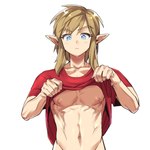 abs athletic athletic_male bent_arm blonde_hair blue_eyes bottomless clothed clothing clothing_lift hair humanoid_pointy_ears light_body light_skin male muscular muscular_male navel nipples not_furry pecs pointy_ears shirt shirt_lift simple_background solo topwear white_background monbetsu_kuniharu nintendo the_legend_of_zelda link humanoid hylian 1:1 2022