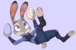 anthro clothing easter_egg egg falling feet female fur grey_body grey_fur hindpaw holding_object holidays long_ears midair pawpads paws police police_uniform purple_eyes raised_leg simple_background solo spats uniform mistydash disney easter zootopia judy_hopps lagomorph leporid mammal rabbit 2016 hi_res