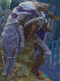 5_fingers armor boots cape clothing detailed_background fangs fingers footwear fur fur_cape fur_clothing gauntlets gloves handwear holding_object holding_weapon male pose shoes solo sowrd teeth weapon neungsonie elden_ring fromsoftware blaidd_(elden_ring) canid canine canis mammal wolf absurd_res hi_res portrait