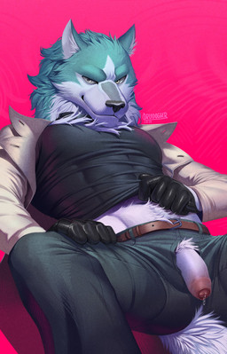 anthro belt belt_buckle black_clothing black_topwear blue_body blue_fur bodily_fluids bottomwear buckle clothing coat collar flaccid fur genital_fluids genitals gloves handwear humanoid_genitalia humanoid_penis looking_at_viewer male midriff multicolored_body multicolored_fur muscular muscular_anthro muscular_male navel pants pecs penis simple_background smile solo tight_clothing topwear trenchcoat two_tone_body two_tone_fur white_body white_fur druidogger huslion brand_new_animal netflix studio_trigger shirou_ogami canid canine canis mammal wolf 2025 hi_res watermark