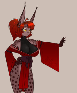 anthro big_breasts breasts brown_body clothing collarbone dipstick_ears dipstick_tail ear_markings eyebrow_through_hair eyebrows eyelashes female fur hair hand_on_hip inner_ear_fluff markings multicolored_ears ponytail red_hair solo spots spotted_body spotted_fur tail tail_markings translucent translucent_hair tuft yellow_eyes scorpdk mara_(scorpdk) felid feline lynx mammal 2026 absurd_res hi_res