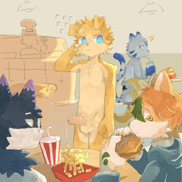 5_fingers anthro arm_markings arm_tuft balls blue_clothing blue_eyes blue_hoodie blue_markings blue_topwear blush bodily_fluids body_blush burger chef_hat chest_tuft claws clothing container cup dipstick_ears dipstick_tail drinking_straw ear_markings elbow_tuft emanata erection exhibitionism eyebrows eyewear facial_markings facial_tuft finger_claws fingers floppy_ears fluffy fluffy_tail food foreskin fries fur furgonomics genital_fluids genitals glasses gloves_(marking) green_eyes green_hair grey_nose group hair hand_behind_head hand_markings hat head_markings headgear headwear holding_object hoodie humanoid_genitalia humanoid_penis karate_belt keikogi kemono looking_at_genitalia looking_at_penis male male_anthro markings martial_arts_uniform multicolored_body multicolored_ears multicolored_fur navel nude_anthro nude_male orange_eyebrows orange_eyes orange_hair penis penis_blush precum precum_string public public_nudity purple_markings red_eyes restaurant round_glasses shirt shoulder_tuft sitting sportswear standing sweat sweatdrop tail tail_markings tan_balls tan_body tan_eyebrows tan_penis topwear tuft two_tone_body two_tone_fur white_body white_clothing white_eyebrows white_fur white_inner_ear white_shirt white_topwear yellow_body yellow_eyes yellow_fur young young_anthro young_male regcron crowl_(regcron) canid canine canis domestic_dog felid feline mammal 1:1 2026 character_request hi_res