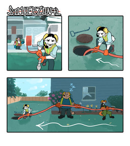 anthro bodily_fluids brown_body brown_fur building clothing drooling electronics fur gloves group hair handwear headgear headphones headset holding_hose holding_object hose house lawn male manhole orange_body orange_fur outside plant rolled_up_sleeves safety_vest saliva sleeping sound_effects standing topwear tree truck vehicle vest vowelless vowelless_sound_effect white_body white_fur white_hair window zzz hieronymusjohnson kilo_(hieronymusjohnson) squeez_(hieronymusjohnson) canid canine canis domestic_dog dwarf fox humanoid mammal nordic_sled_dog samoyed spitz 2026 aliasing binary_drawing comic digital_drawing_(artwork) digital_media_(artwork) hi_res