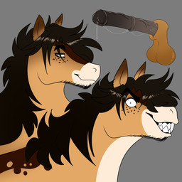 animal_genitalia animal_penis balls big_penis bodily_fluids brown_body brown_fur brown_mane caramel_fur ear_piercing equine_genitalia equine_penis erection facial_hair feral freckled_face freckles fur genital_fluids genitals grin hair heavy_balls huge_penis male mane orange_body orange_fur penis piercing precum purple_eyes semi-anthro sharp_teeth simple_background smile smug_expression solo soul_devouring_eyes teeth bublijoestar fan_character nico_(bublijoestar) equid equine horse mammal 1:1 absurd_res bust_portrait digital_media_(artwork) hi_res model_sheet portrait