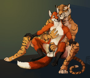 animal_genitalia anthro athletic athletic_anthro athletic_male balls black_penis countershade_balls countershade_crotch countershade_face countershade_genitalia countershade_neck countershade_torso countershading dipstick_tail duo erection fur genitals gloves_(marking) handjob humanoid_genitalia humanoid_penis hybrid_genitalia hybrid_penis leg_markings male male/male male_anthro markings muscular muscular_anthro muscular_male nude nude_anthro nude_male orange_body orange_eyes orange_fur pawpads penile penis sex sheath sheathed_humanoid_penis simple_background socks_(marking) spread_legs spreading striped_body striped_fur stripes tail tail_markings tan_body tan_fur whiskers white_body white_fur i-psilone riffuchs canid canine felid fox mammal pantherine tiger 2017