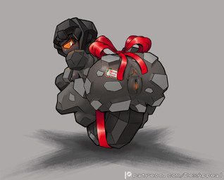 1_eye anus big_butt bow_ribbon breasts butt butt_focus coal female genitals glowing glowing_genitalia glowing_sclera grey_body holidays limbless looking_at_viewer looking_back monster_girl_(genre) nude pokemorph presenting presenting_hindquarters rear_view rock simple_background solo vulva wrapped_up dex_appeal nintendo pokemon cyclops elemental_creature elemental_humanoid generation_8_pokemon humanoid mineral_fauna pokemon_(species) rock_creature rolycoly hi_res