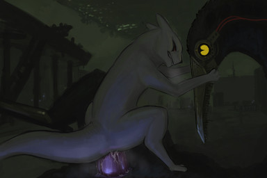 anal anal_penetration bared_teeth beak bodily_fluids cloacal_penis deep_penetration duo feral genital_fluids genitals male male/male musk penetration penis precum precum_on_penis sex size_difference tail tapering_penis wire corvidtree rain_world videocult vane_(corvidtree) avian miros_bird_(rain_world) slugcat 3:2 hi_res