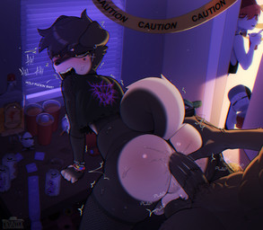 alcohol alcohol_bottle alternative_fashion anthro anus backsack balls beverage big_butt blush bodily_fluids butt clothing duo femboy fishnet_clothing fishnet_legwear fishnet_topwear genitals hair hat headgear headwear legwear looking_back male male/male male_penetrated male_penetrating male_penetrating_male nude penetration penis sex solo sweat tail text thick_thighs topwear drunkrussianman drunick_(drunick) max_the_dino_(drunick) canid canine canis domestic_dog mammal absurd_res hi_res