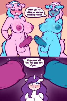anthro areola balls biped blue_areola blue_balls blue_body blue_breasts blue_eyeshadow blue_hair blue_nipples blue_penis blush breasts crossgender dialogue eyelashes eyeshadow female ftg_crossgender fti_crossgender genitals group gynomorph hair horn intersex makeup nipples nude penis pink_areola pink_balls pink_body pink_breasts pink_hair pink_nipples pink_penis pupils purple_hair smile speech_bubble text trio white_body white_breasts spunkubus friendship_is_magic hasbro my_little_pony mythology aloe_(mlp) lotus_(mlp) rarity_(mlp) equid equine mammal mythological_creature mythological_equine unicorn 2:3 absurd_res comic english_text hi_res sibling_(lore) sister_(lore) sisters_(lore)