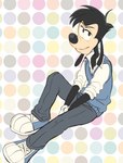 anthro clothed clothing dotted_background footwear gloves half-closed_eyes hands_in_lap handwear looking_at_viewer male narrowed_eyes on_model pattern_background polka_dots shoes simple_background sitting solo natsu-nori disney goof_troop max_goof canid canine canis domestic_dog mammal